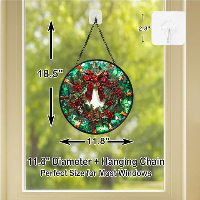 Stained Glass Window Hanging - 11.8in Christmas Wreath with Red Bow, Pine Cones, Berries Sun Catchers Panel for Indoor Decorative Display for Mom, Wife, Lovers, Festive