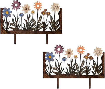 Rusty Metal Wild Flowers Garden Stakes 11.82 x 8.47 inches, Decorative Flowers Yard Stake Metal Art for Outdoor Garden Lawn Decor (Flower-A)