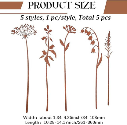 GORGECRAFT 5Pcs 5 Styles Metal Flower Garden Stakes Rusty Iron Rustic Plants Floral Leaf Shaped Art Decorative Signs Stake for Outside Lawn Yard Art Outdoor Walkway Potted Accessory