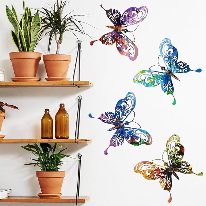 4Pcs Butterfly Metal Sign Wall Art Decor,Set of 4 Colorful Butterflies Ornament Bedroom Hanging Gifts for Birthday Housewarming,Butterfly Decorate for Fence Garden Yard Patio Farmhouse Front Door