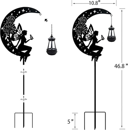 Solar Angel Garden Outdoor Stake Holding Solar Lantern Outdoor Decor Metal Large Angel Sitting Moon Silhouette Stakes for Garden Lawn Patio or Courtyard