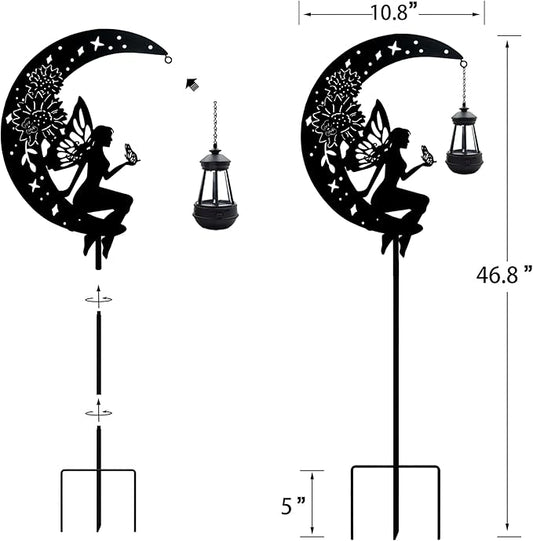 Solar Angel Garden Outdoor Stake Holding Solar Lantern Outdoor Decor Metal Large Angel Sitting Moon Silhouette Stakes for Garden Lawn Patio or Courtyard