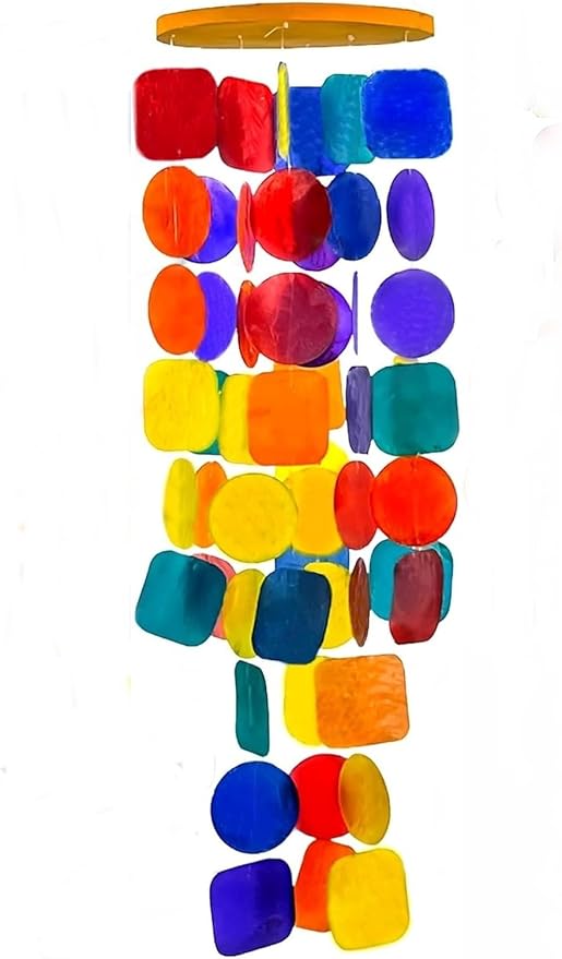 Bellaa Handmade Wind Chimes Outdoor, Musical, Garden Decorations, Beach, Ocean, Breeze, Gifts for Mom, Outside Windchimes, 63pcs, Capiz, Shells, Sea, Glass, Wood 1 Rainbow