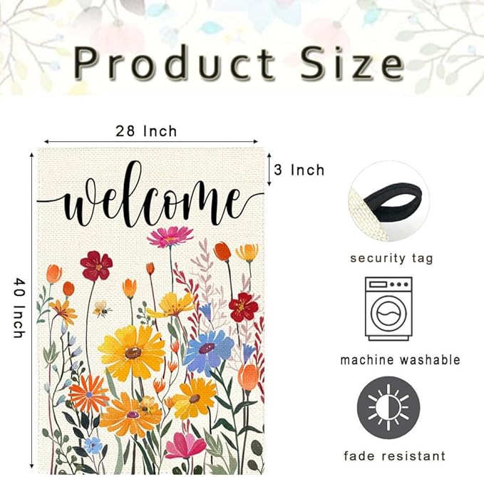 Spring Summer House Flag 28x40 Inch Double Sided Outside Welcome Wildflower Daisy Floral Outdoor Seasonal Decorative Large Garden Flag Decor 1-28
