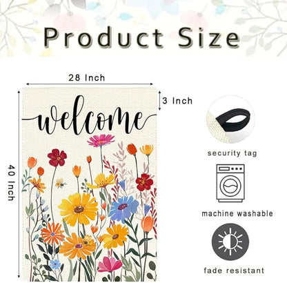 Spring Summer House Flag 28x40 Inch Double Sided Outside Welcome Wildflower Daisy Floral Outdoor Seasonal Decorative Large Garden Flag Decor 1-28