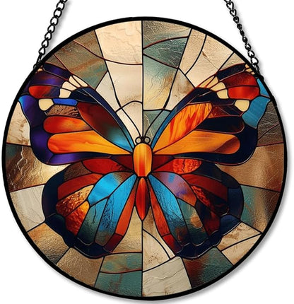 Stained Glass Window Hanging - Radiant Sun and Garden Scene Sun Catchers Indoor Stained Glass Panels Wall Decor for Mom, Wife, Lovers, Festive, 7.8in