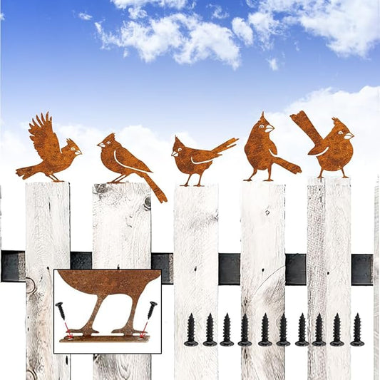 5PCS Rusty Metal Birds Decoration, Outdoor Fence Yard Decor, Metal Bird Art, Fence Decorations Outdoor, Rustic Garden Decor, Garden Sculptures Statues, Lawn Ornaments (Cardinal)