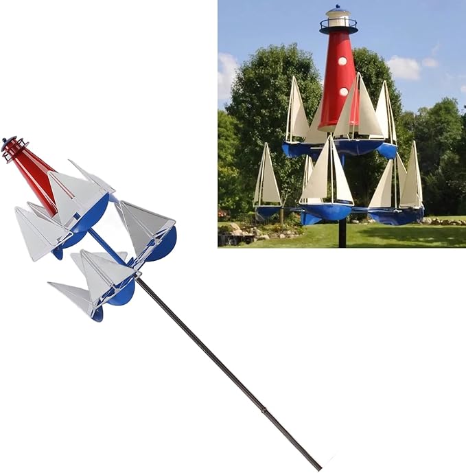 Fdit Sailboat Windmill, Metal Garden Wind Sculpture, Red White Blue, Lighthouse Art Design, for Lawn Patio Decoration