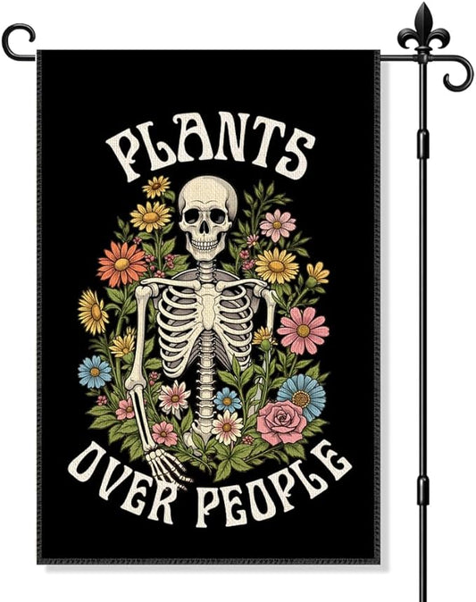 Plants Over People Halloween Garden Flag Double Sided Yard Outdoor Decoration 12x18 Inch, Plant Garden Flag, Halloween Skull Floral Patio Decorative Banner, Funny Skeleton Gardener Gifts