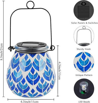 Stargarden Mosaic Solar Lanterns, Table Lamp for Garden ,Patio,Yard Decor Blue Glass Hanging Lantern Waterproof Outdoor Hanging Solar Lights