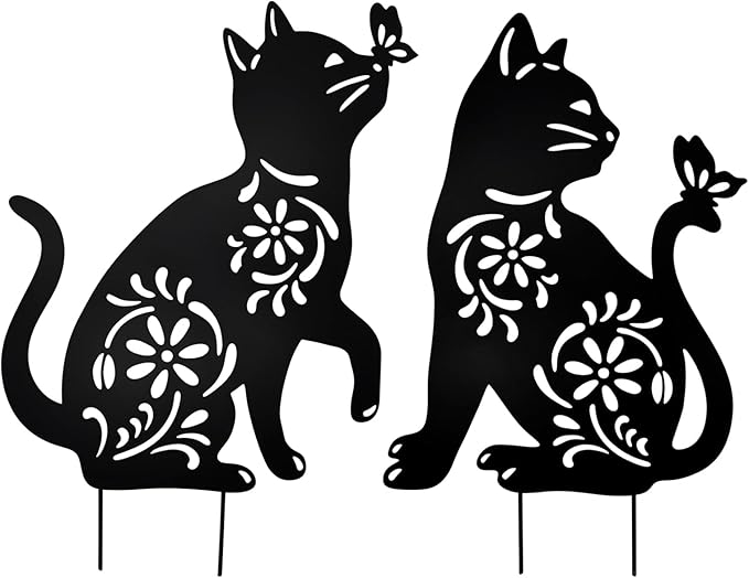 MrMrKura 2 Pack Metal Cat Stakes Garden Decor Stakes Black Cat Silhouette Statue for Outside Decorative Ornaments for Outdoor Garden Home Patio Yard Decoration
