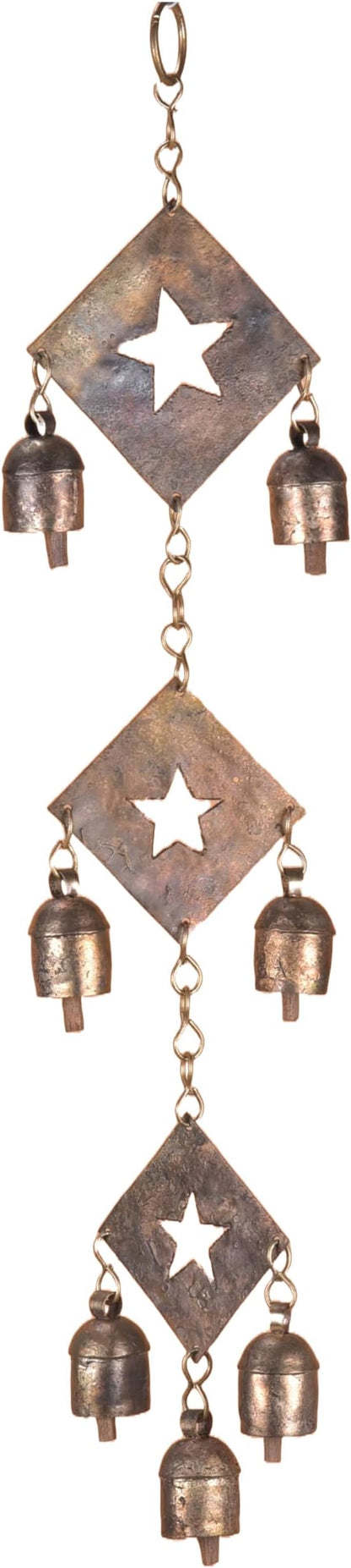Rustic Metal Wind Chime – Triple Diamond Star Cutouts with Bells – Bronze Outdoor Garden Decor – Wind Chimes for Outside, Porch, Yard, Balcony, Memorial or Garden Gift 19 x 4.5 Inch