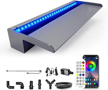 LONGRUN with lid Waterfall Spillway, APP Control Multi-Color LED Light Outdoor Pool Fountain, Acrylic Water Spillway Koi Pond Waterfalls Fountains Kit for Garden Patio Swimming Pool Decoration-23.6"