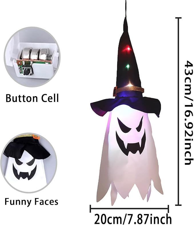 Glowing Ghost Witch Hat Halloween Decorations, Hanging String Lights with 3Modes, Easter Outdoor/Indoor Scary Decor, Double-Sided Ghost Face Ornaments for Tree, Yard, Haunted Trails, Party, 2 Pcs