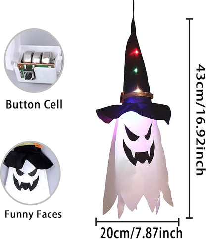 Glowing Ghost Witch Hat Halloween Decorations, Hanging String Lights with 3Modes, Easter Outdoor/Indoor Scary Decor, Double-Sided Ghost Face Ornaments for Tree, Yard, Haunted Trails, Party, 2 Pcs