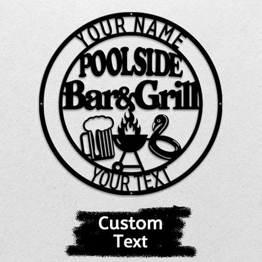 MeMate Poolside Bar & Grill Sign, Outdoor Pool Decor, Large Metal BBQ Sign, Personalized for Backyard Patio Porch Deck, Custom Name Housewarming Gifts for Family Friends