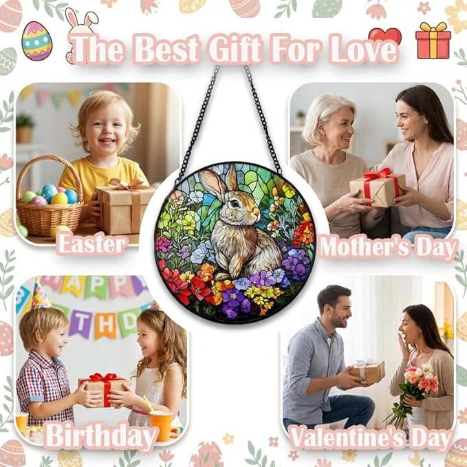 Stained Glass Window Hanging, 6.3in Bunny Sun Catcher for Window, Cute Rabbit Decor for Home & Easter Decor, Stained Glass Suncatcher Gifts for Women Mom Friend, Mother's Day Birthday