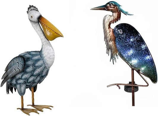 TERESA'S COLLECTIONS 42 inch Glass Blue Heron Solar Stake Light + Metal Pelican Statue for Garden Decor, Decorative Bird Art Sculpture Ornaments for Patio Lawn Backyard Outdoor Decorations