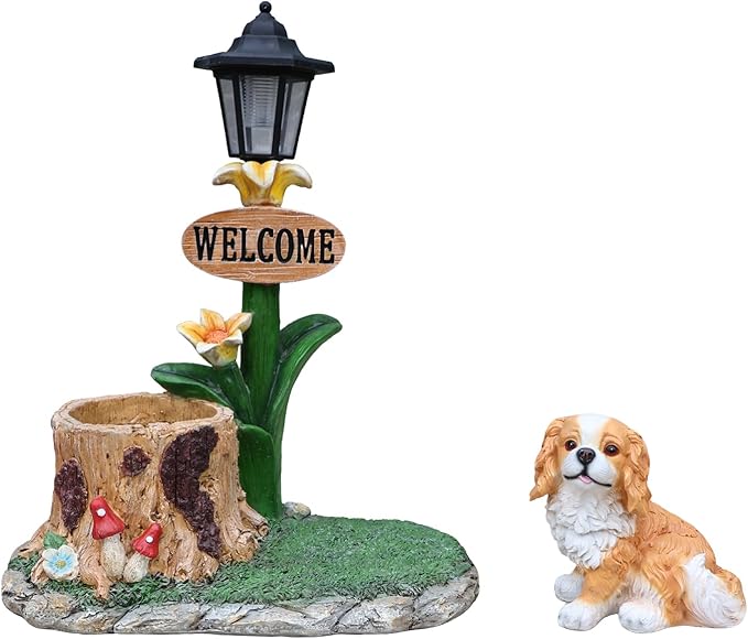 20" Solar Cavalier King Charles Spaniel Garden Statue with Welcome Sign & Planter - Large Dog Sculpture with LED Street Lantern - Weatherproof Resin Tree Stump Flower Pot for Porch, Yard & Patio
