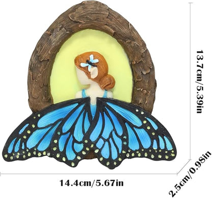 Fairy Out The Window Tree Hugger Garden Statue, Glow in The Dark Resin Fairy Figurine Wall Art Sculpture Outdoor Tree Faces Decor for Patio Lawn Yard Ornaments (Blue)