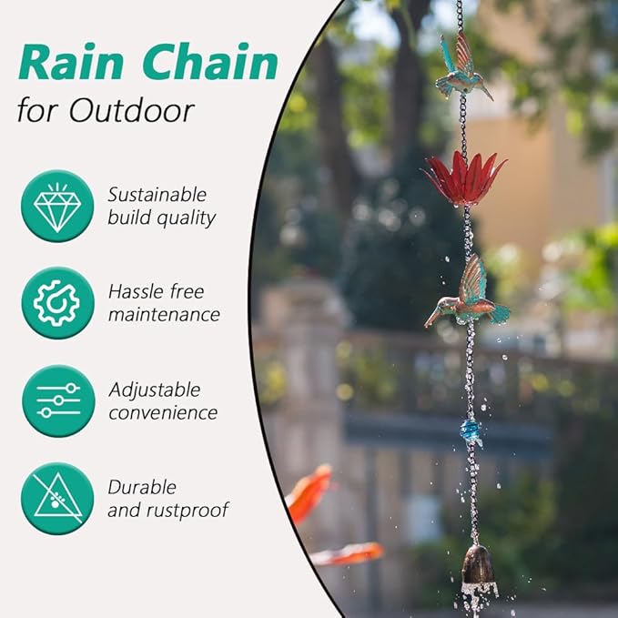 Rain Chain for Outside, 12Ft Rain Gutter Chains with 8 Lotus Cups & Hummingbirds Decor, Adjustable Rain Catcher Chain for Eaves Drainage, Replacement for Downspout