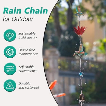 Rain Chain for Outside, 12Ft Rain Gutter Chains with 8 Lotus Cups & Hummingbirds Decor, Adjustable Rain Catcher Chain for Eaves Drainage, Replacement for Downspout
