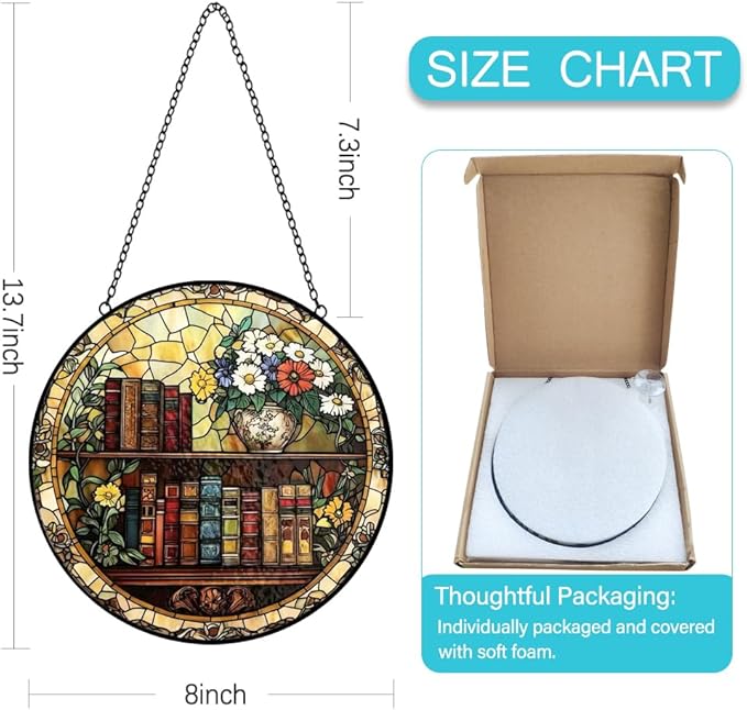 Book Suncatcher Stained Glass Window Hanging - 8 Inch Books Flowers Suncatchers for Windows Hanging - Sun Catchers Indoor Wall Decor Glass Panel with Hook - Bookish Gifts for Women Men Book Lovers