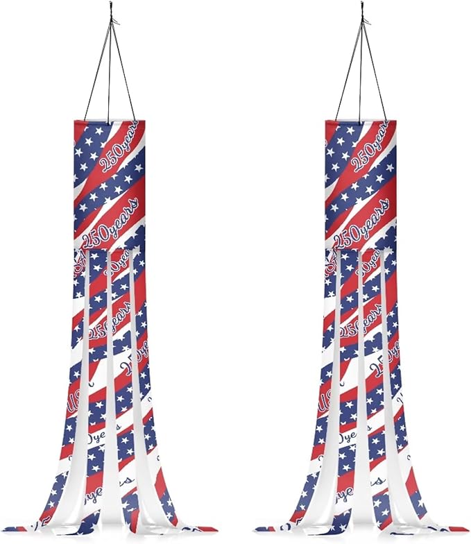Jeiento Blue Stars Red White Stripes Windsock America's 250 Years Anniversary Windsock Flag 40" Outdoor Hanging Decoration for Home Yard Patio Lawn Garden Tree,2 Pack USA 250 Windsock
