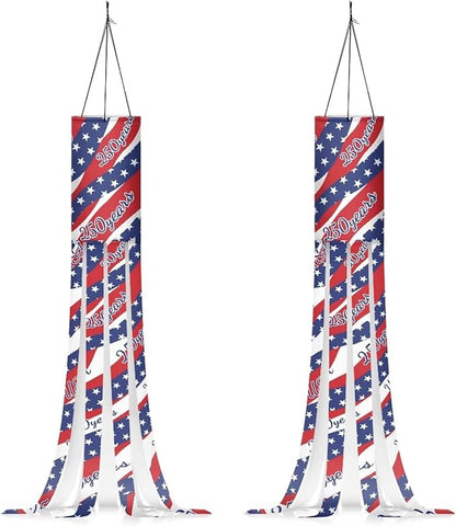 Jeiento Blue Stars Red White Stripes Windsock America's 250 Years Anniversary Windsock Flag 40" Outdoor Hanging Decoration for Home Yard Patio Lawn Garden Tree,2 Pack USA 250 Windsock