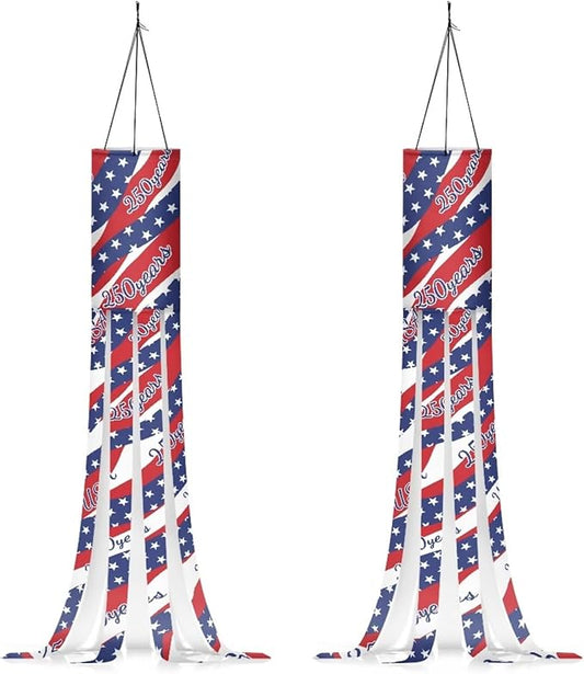 Jeiento Blue Stars Red White Stripes Windsock America's 250 Years Anniversary Windsock Flag 40" Outdoor Hanging Decoration for Home Yard Patio Lawn Garden Tree,2 Pack USA 250 Windsock