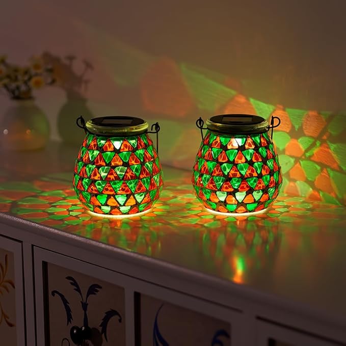 Starsoul 2 Pack Solar Lanterns Outdoor Waterproof, Vibrant Mosaic Hanging Solar Lights, Decorative Solar Lantern for Outside Garden Decor