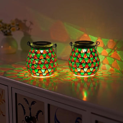 Starsoul 2 Pack Solar Lanterns Outdoor Waterproof, Vibrant Mosaic Hanging Solar Lights, Decorative Solar Lantern for Outside Garden Decor