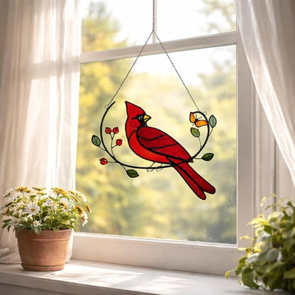 Glass Cardinal Bird Stained Glass Window Hanging Suncatcher Indoor Panel, Nautical Suncatcher Decor for Home, Wall, Garden, Coastal Ornament, Gift for Women and Mom