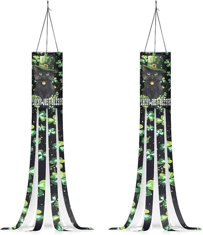 Jeiento St Patrick Day Windsock Flag 40Inch Green Leaf Black Cat Windsock Flags Hanging Outside Decoration for Party/Trees/Balcony,Lightweight Wind Socks 40" Washable Fabric