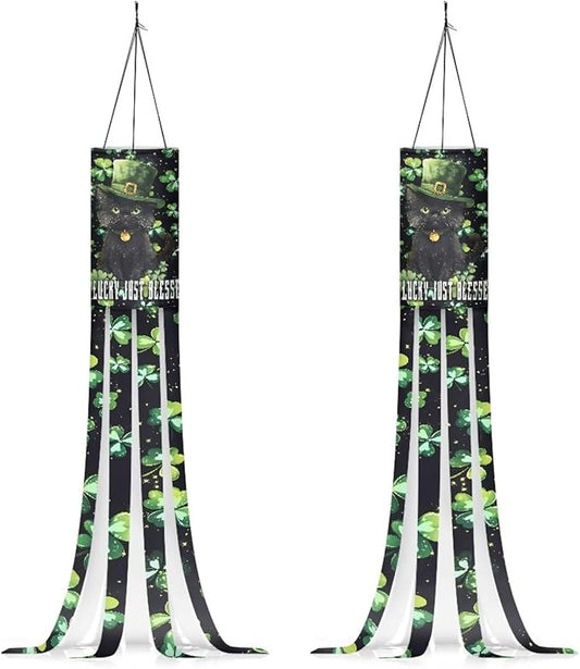 Jeiento St Patrick Day Windsock Flag 40Inch Green Leaf Black Cat Windsock Flags Hanging Outside Decoration for Party/Trees/Balcony,Lightweight Wind Socks 40" Washable Fabric