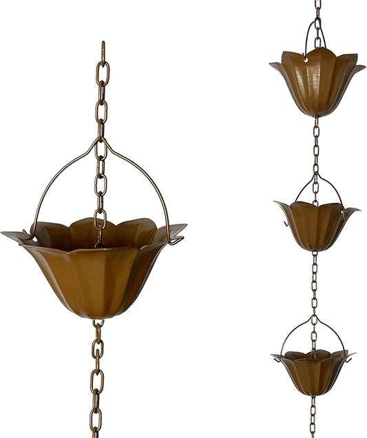 Rain Chain for Gutters – 6.5 FT Adjustable Copper-Tone Rain Chain with 10 Large Lotus Cups – Decorative Gutter Chain Downspout Alternative – Rain Catcher Chain & Garden Water Feature