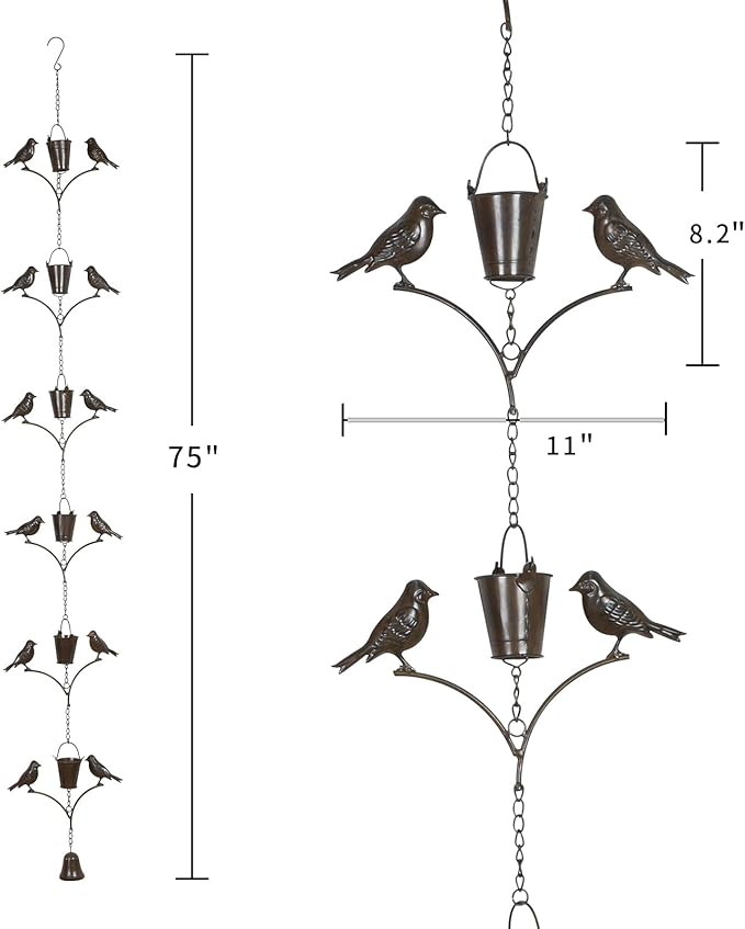 TZSSP Rain Chain,Copper Rain Chains-7 Cups,6.3FT Bird Rain Chain,Adjustable Rain Catcher Chain for Outdoor Garden Decor,Replacement Downspout for Gutters,Black