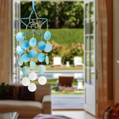 Hanging Wind Chimes for Outside Decoration, Balcony Garden Decor of Star Shaped Capiz Shell Wind Chime, Coastal Style Decor for Indoor Outdoor, Great Gift for Women (White)