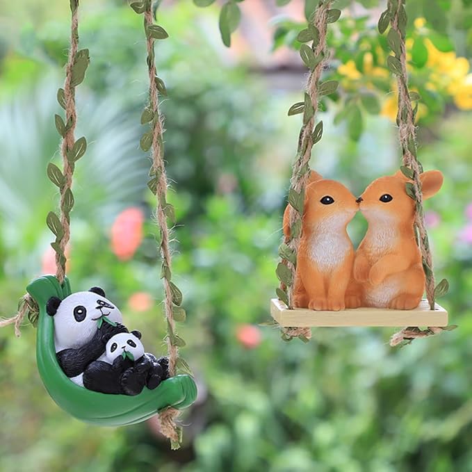 Swing Animals Garden Statue Outdoor Decor, Resin Hanging Animals Figurine Tree Ornaments Yard Art Sculpture for Stump Branch Patio Lawn Decorations (Couple Rabbits)