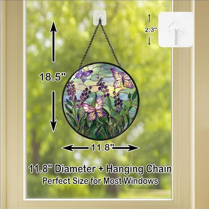 Purple Berries and Butterflies Stained Glass Window Hanging Panel – 11.8in Floral Nature Suncatcher Wall Art for Home Window Decor and Gift