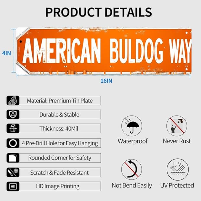 American Bulldog Tin Decor 16 * 4 Inches "AMERICAN BULDOG WAY" Pet Room/Patio Wall Art - Retro Dog Accent, Bulldog Decor, Pet Metal Sign