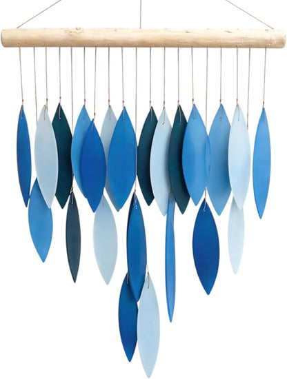 Blue & White Glass Wind Chime, Large 20″ – Recycled Glass & Driftwood Coastal Hanging Chime for Porch, Patio & Home