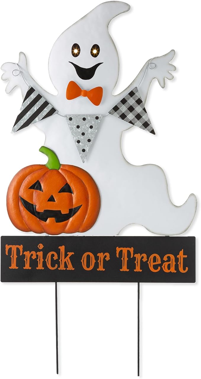 Glitzhome Lighted Metal Ghost Halloween Yard Stake or Wall Hanging Decor, 32" H, White