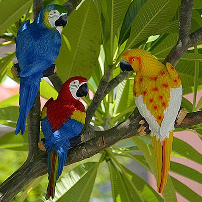 2 Pieces Fake Parrot Decor Artificial Parrot Decoration 12.5" Lifelike Large Resin Parrots Statue Tiki Bar Decorations Macaw Realistic Tropical Bird for Garden Patio Yard Lawn Tropical Tree Wall