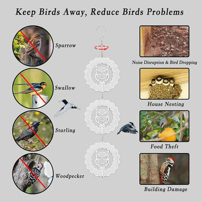 12PCS Bird Deterrents for Outside Patio, Stainless Steel Reflectors to Keep Birds Away, Woodpecker Deterrent for House，Bird Scare Devices to Keep Pigeons Away from Your Garden (owl)