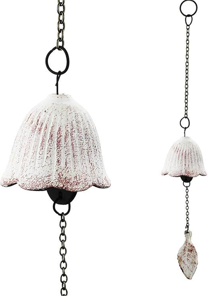 Japanese Wind Chime Cast-Iron Outdoor Ornament for Garden, Patio & Balcony, Hanging Metal Wind-Bell Decoration Gift, Blessing Pendant Windchime, White Flower & Leaf
