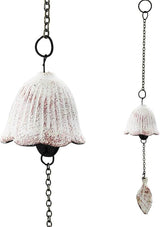 Japanese Wind Chime Cast-Iron Outdoor Ornament for Garden, Patio & Balcony, Hanging Metal Wind-Bell Decoration Gift, Blessing Pendant Windchime, White Flower & Leaf
