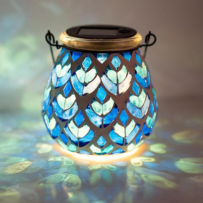 Stargarden Mosaic Solar Lanterns, Table Lamp for Garden ,Patio,Yard Decor Blue Glass Hanging Lantern Waterproof Outdoor Hanging Solar Lights