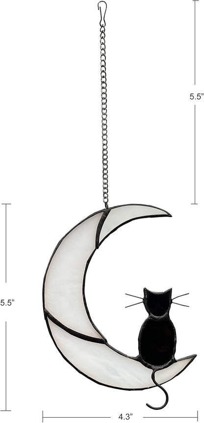 Black Cat Decor On White Moon Stained Glass Window Hanging Suncatcher for Windows Panels Sun Catcher Halloween Ornament Decoration Memorial Gift for Lover Cat Loss