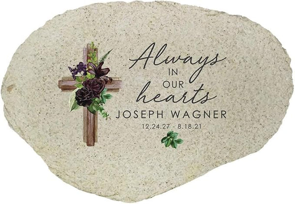 GiftsForYouNow Always in Our Hearts Cross Personalized Memorial Garden Stone, Flat UV Resin Stone, Measures 11.25" W x 7.75" H, Christian Memorial, Religious Memorial Stone
